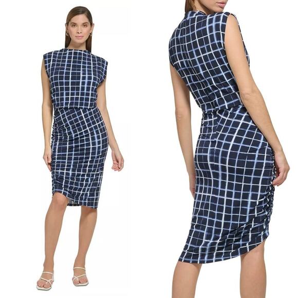 CALVIN KLEIN -NWT- Shoulder Pad Ruched Midi Dress Twilight Blue | Large - Picture 1 of 11